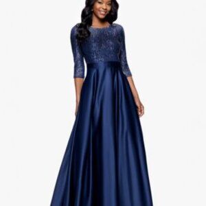 Betsy & Adam Satin Gown - Navy and Silver